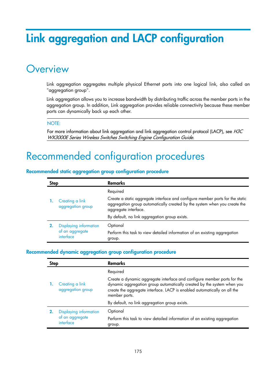 Link aggregation and lacp configuration, Overview, Recommended configuration procedures | H3C Technologies H3C WX3000E Series Wireless Switches User Manual | Page 188 / 459