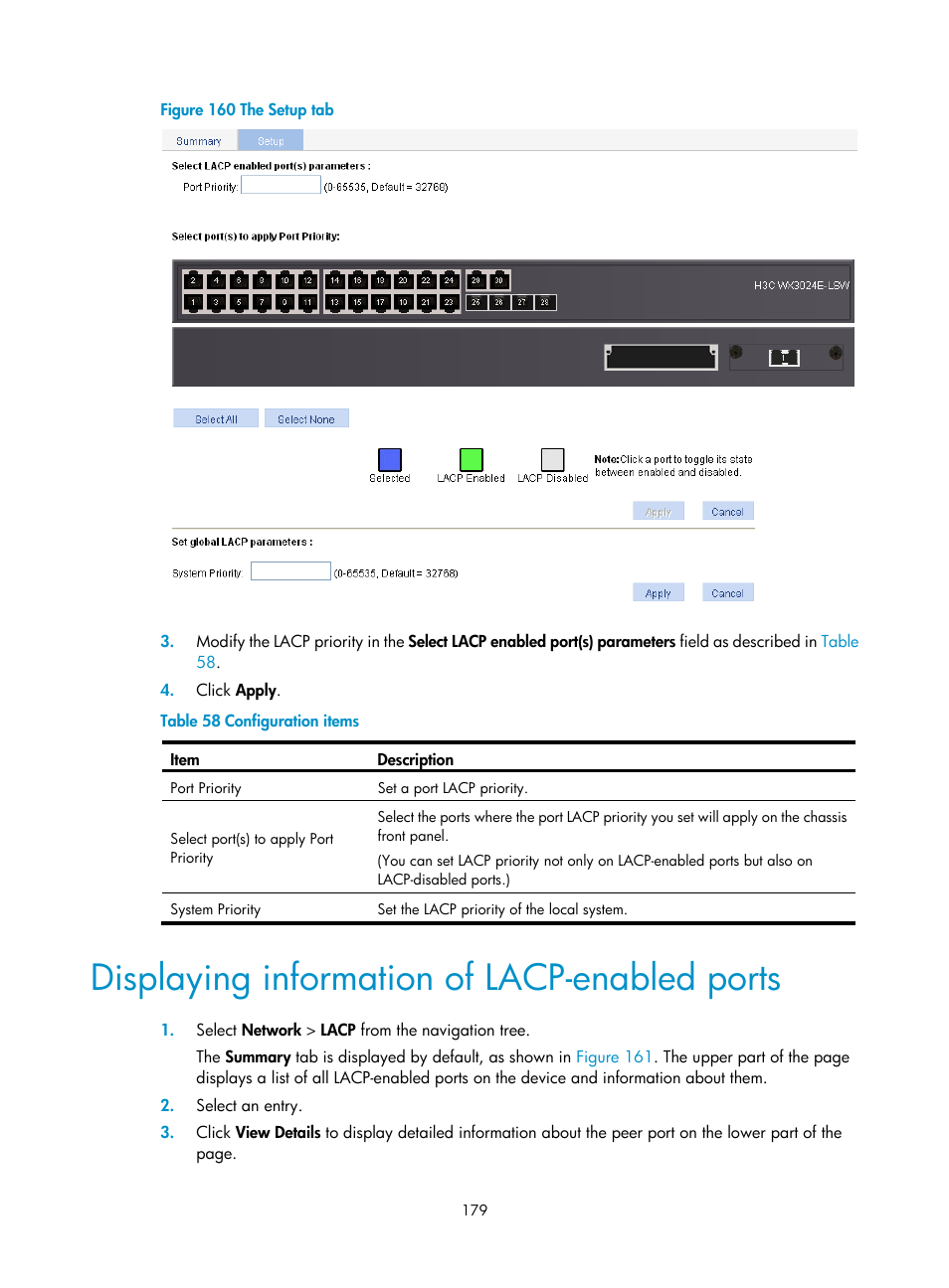 Displaying information of lacp-enabled ports, Displaying information, Of lacp-enabled ports | H3C Technologies H3C WX3000E Series Wireless Switches User Manual | Page 192 / 459