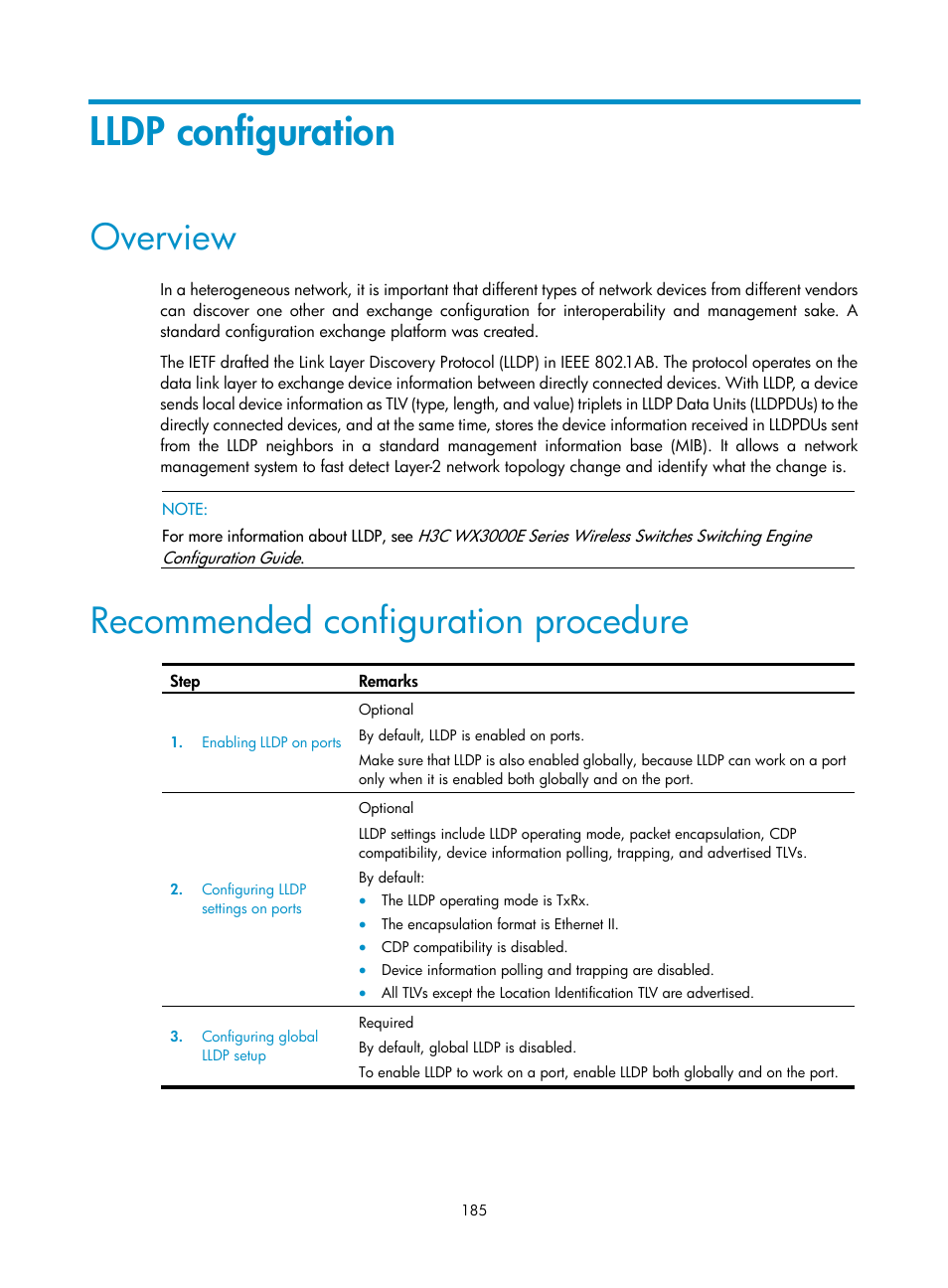 Lldp configuration, Overview, Recommended configuration procedure | H3C Technologies H3C WX3000E Series Wireless Switches User Manual | Page 198 / 459