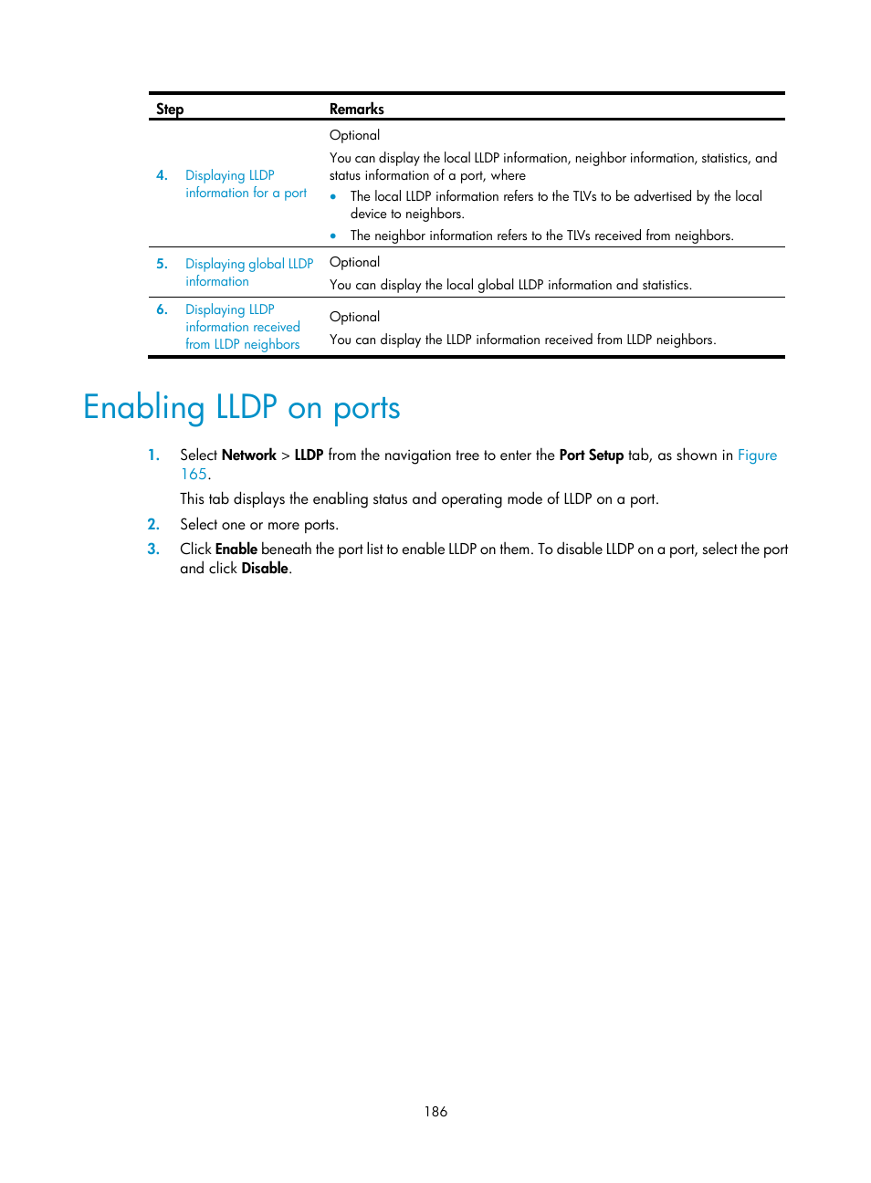 Enabling lldp on ports | H3C Technologies H3C WX3000E Series Wireless Switches User Manual | Page 199 / 459