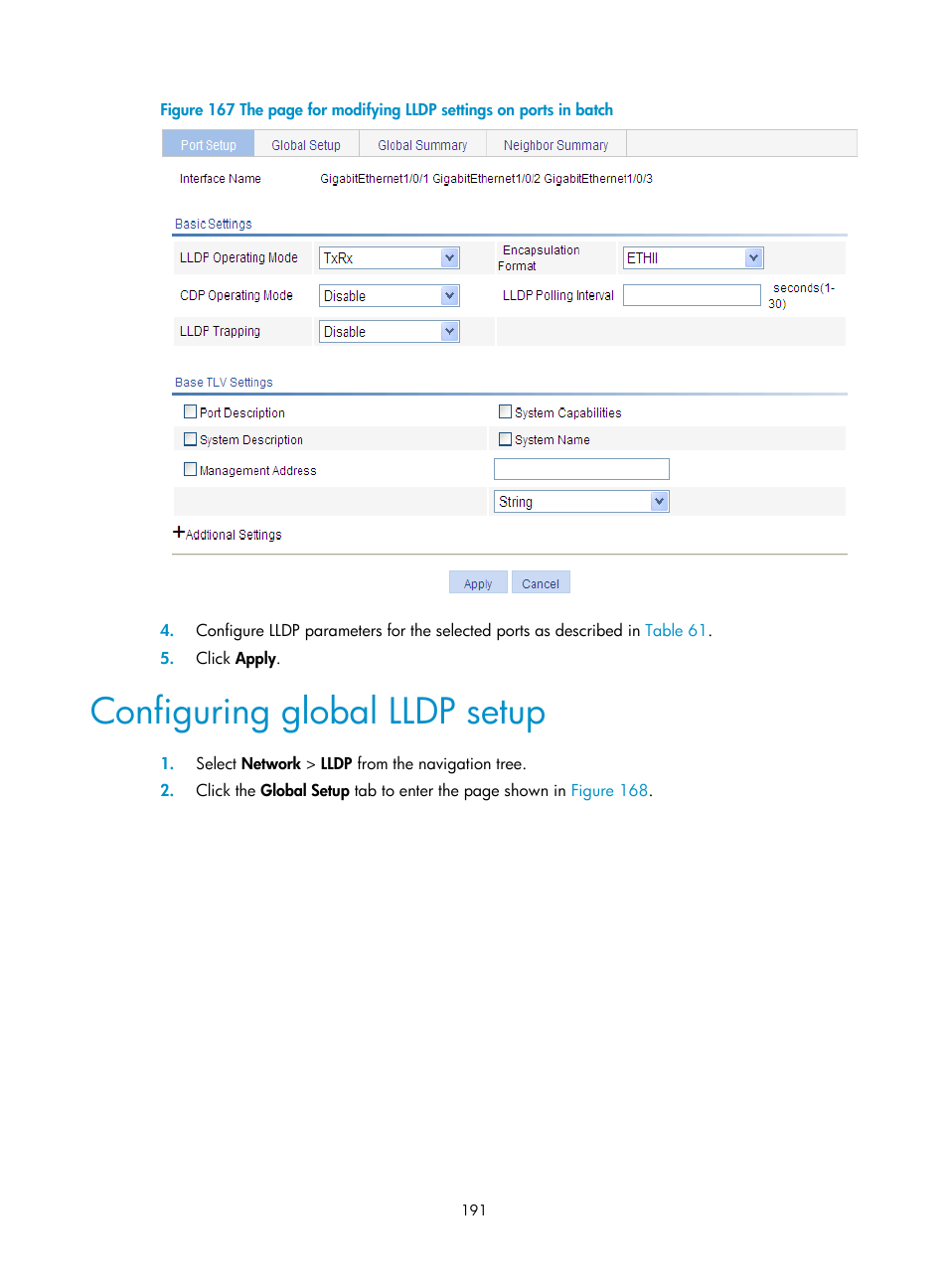 Configuring global lldp setup, Configuring global, Lldp setup | Figure 167 | H3C Technologies H3C WX3000E Series Wireless Switches User Manual | Page 204 / 459