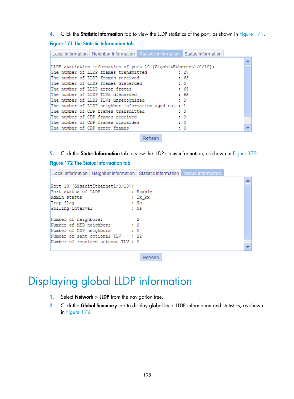 Displaying global lldp information, Displaying global lldp, Information | H3C Technologies H3C WX3000E Series Wireless Switches User Manual | Page 211 / 459