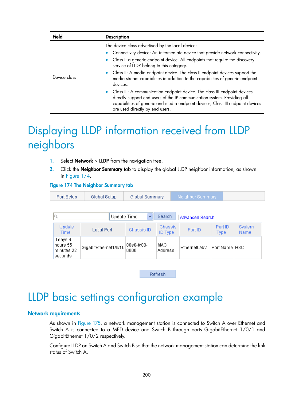 Lldp basic settings configuration example, Network requirements, Displaying lldp | Information received, From lldp neighbors | H3C Technologies H3C WX3000E Series Wireless Switches User Manual | Page 213 / 459