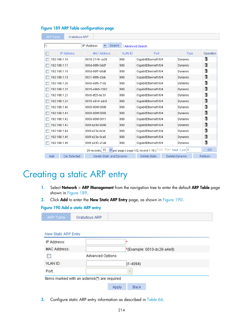 Creating a static arp entry | H3C Technologies H3C WX3000E Series Wireless Switches User Manual | Page 227 / 459