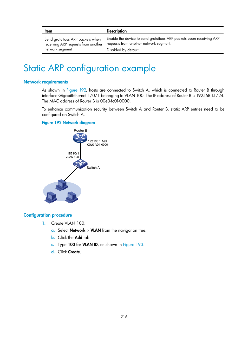 Static arp configuration example, Network requirements, Configuration procedure | H3C Technologies H3C WX3000E Series Wireless Switches User Manual | Page 229 / 459