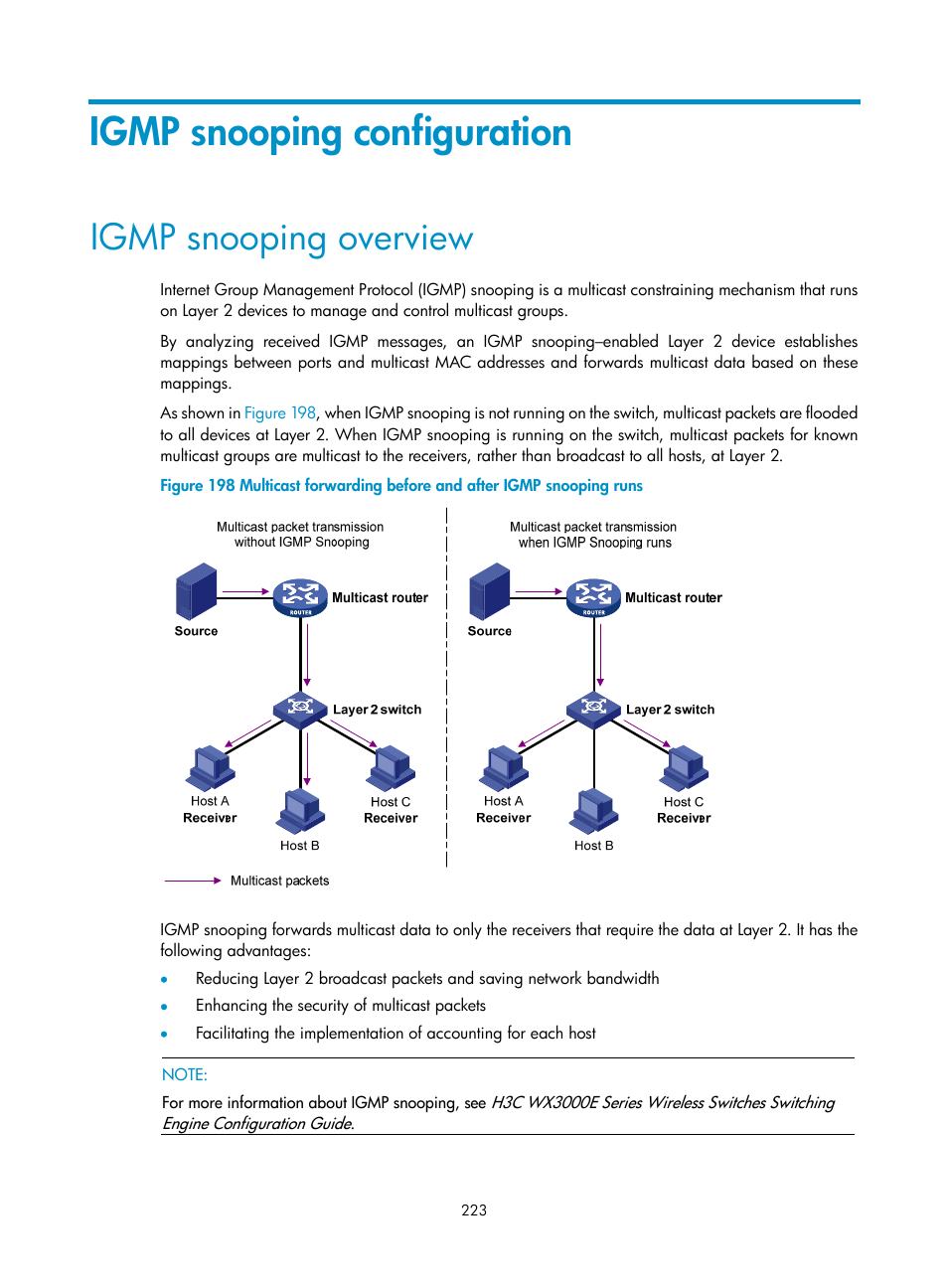 Igmp snooping configuration, Igmp snooping overview | H3C Technologies H3C WX3000E Series Wireless Switches User Manual | Page 236 / 459