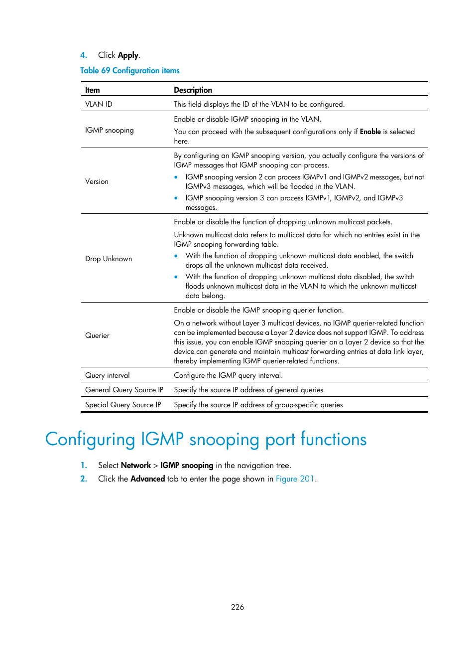 Configuring igmp snooping port functions, Configuring igmp, Snooping port functions | Ribed in, Table 69 | H3C Technologies H3C WX3000E Series Wireless Switches User Manual | Page 239 / 459