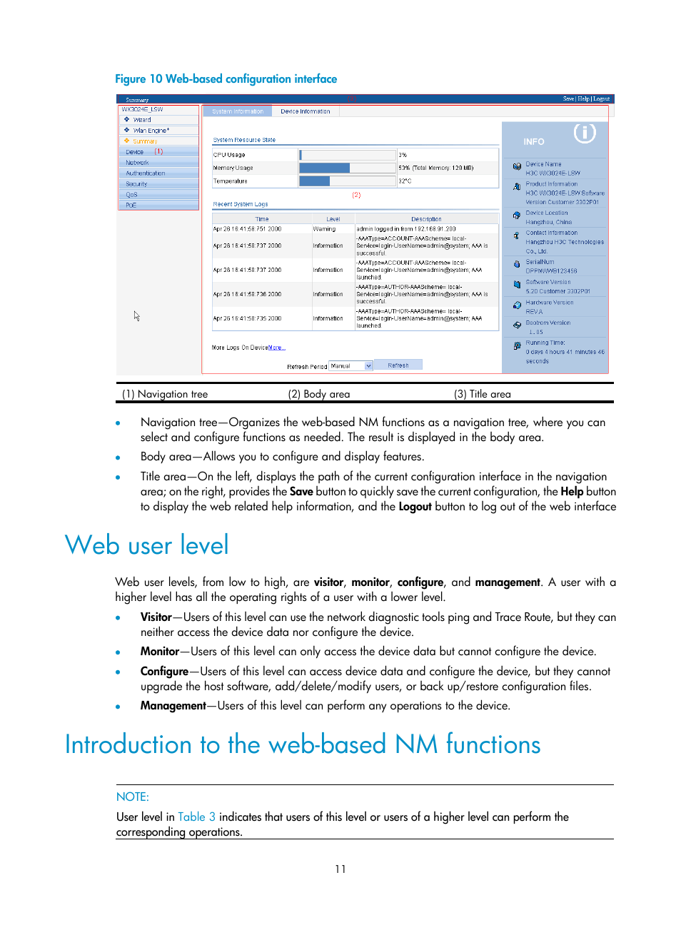 Web user level, Introduction to the web-based nm functions | H3C Technologies H3C WX3000E Series Wireless Switches User Manual | Page 24 / 459