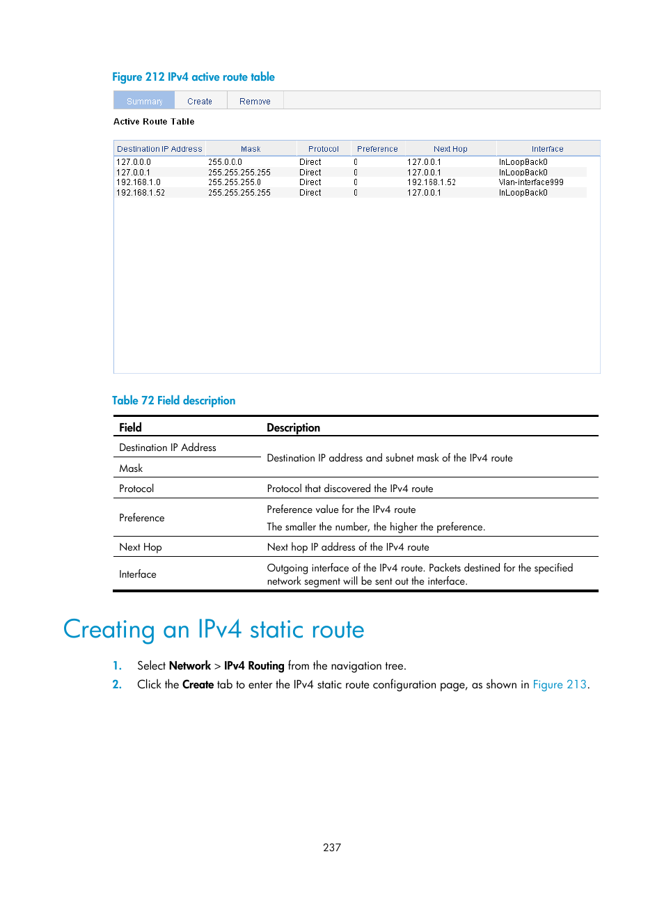 Creating an ipv4 static route | H3C Technologies H3C WX3000E Series Wireless Switches User Manual | Page 250 / 459