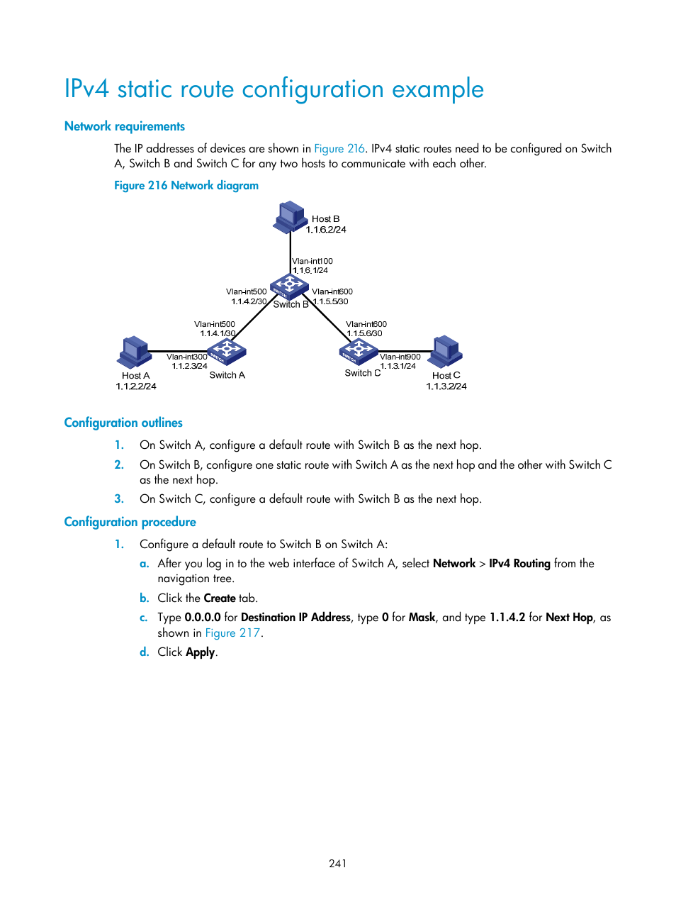 Ipv4 static route configuration example, Network requirements, Configuration outlines | Configuration procedure | H3C Technologies H3C WX3000E Series Wireless Switches User Manual | Page 254 / 459