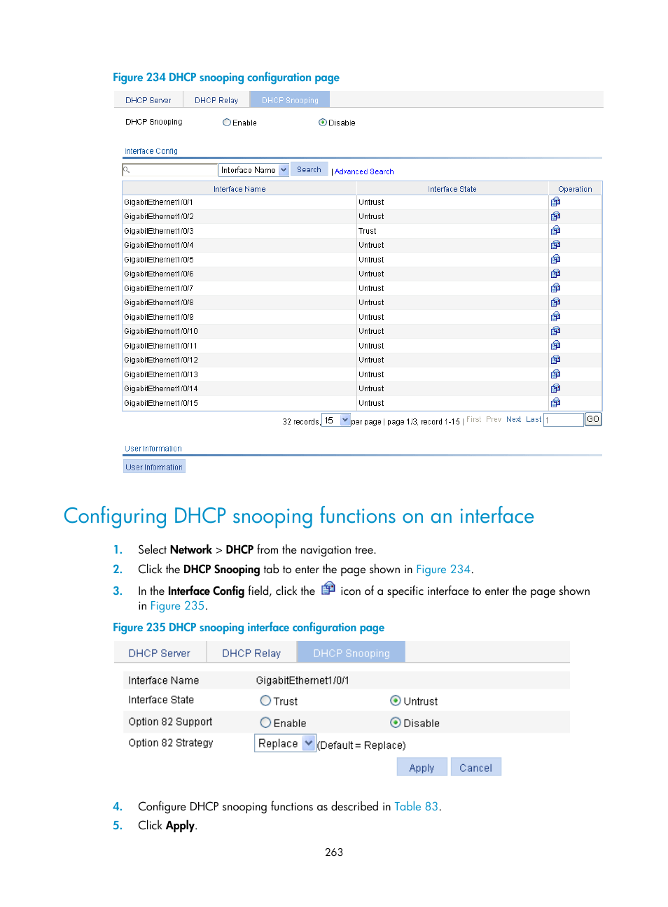 Configuring dhcp, Snooping functions, On an interface | Figure 234 | H3C Technologies H3C WX3000E Series Wireless Switches User Manual | Page 276 / 459