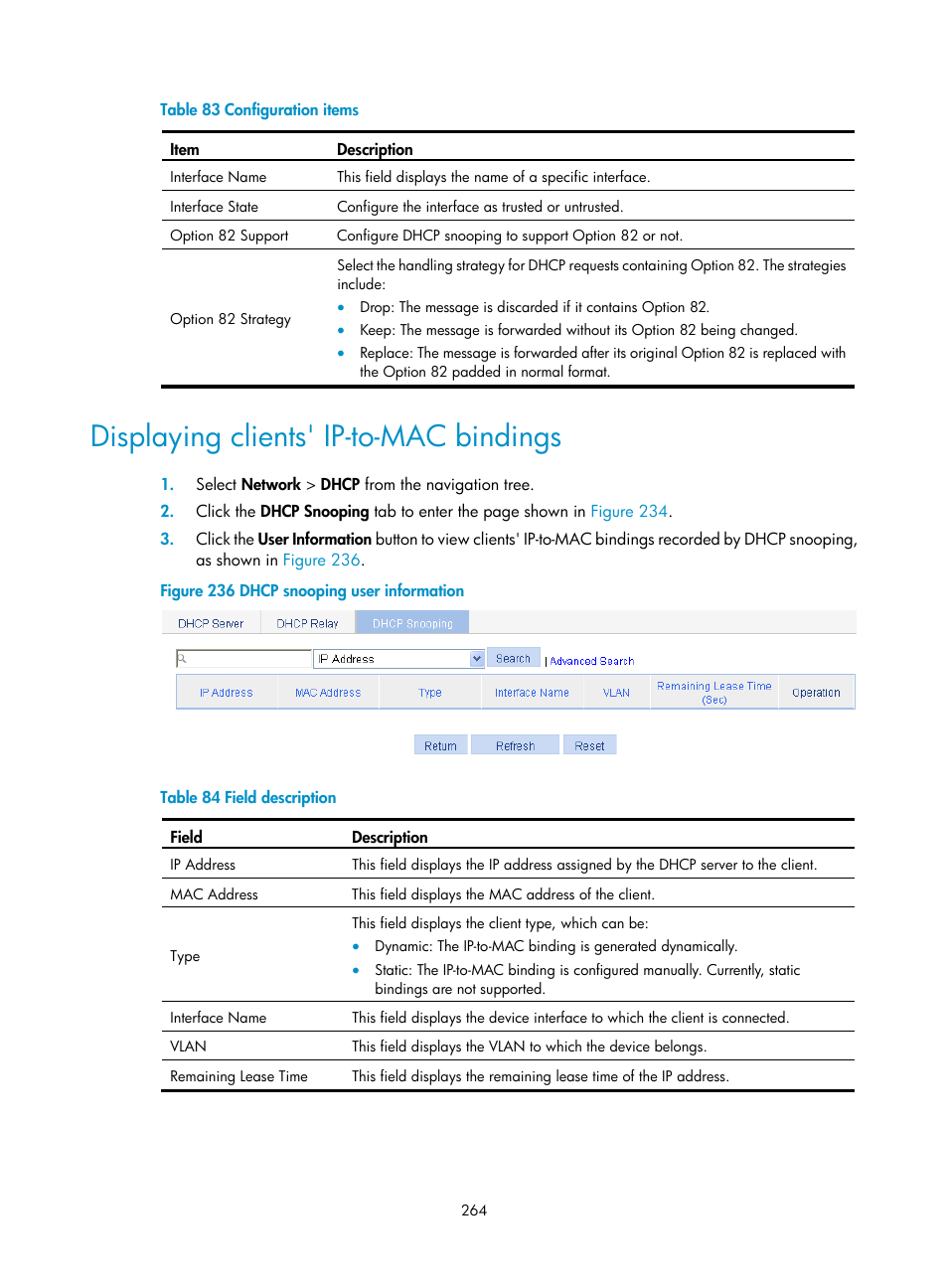 Displaying clients' ip-to-mac bindings, Displaying clients, Ip-to-mac bindings | Table 83 | H3C Technologies H3C WX3000E Series Wireless Switches User Manual | Page 277 / 459