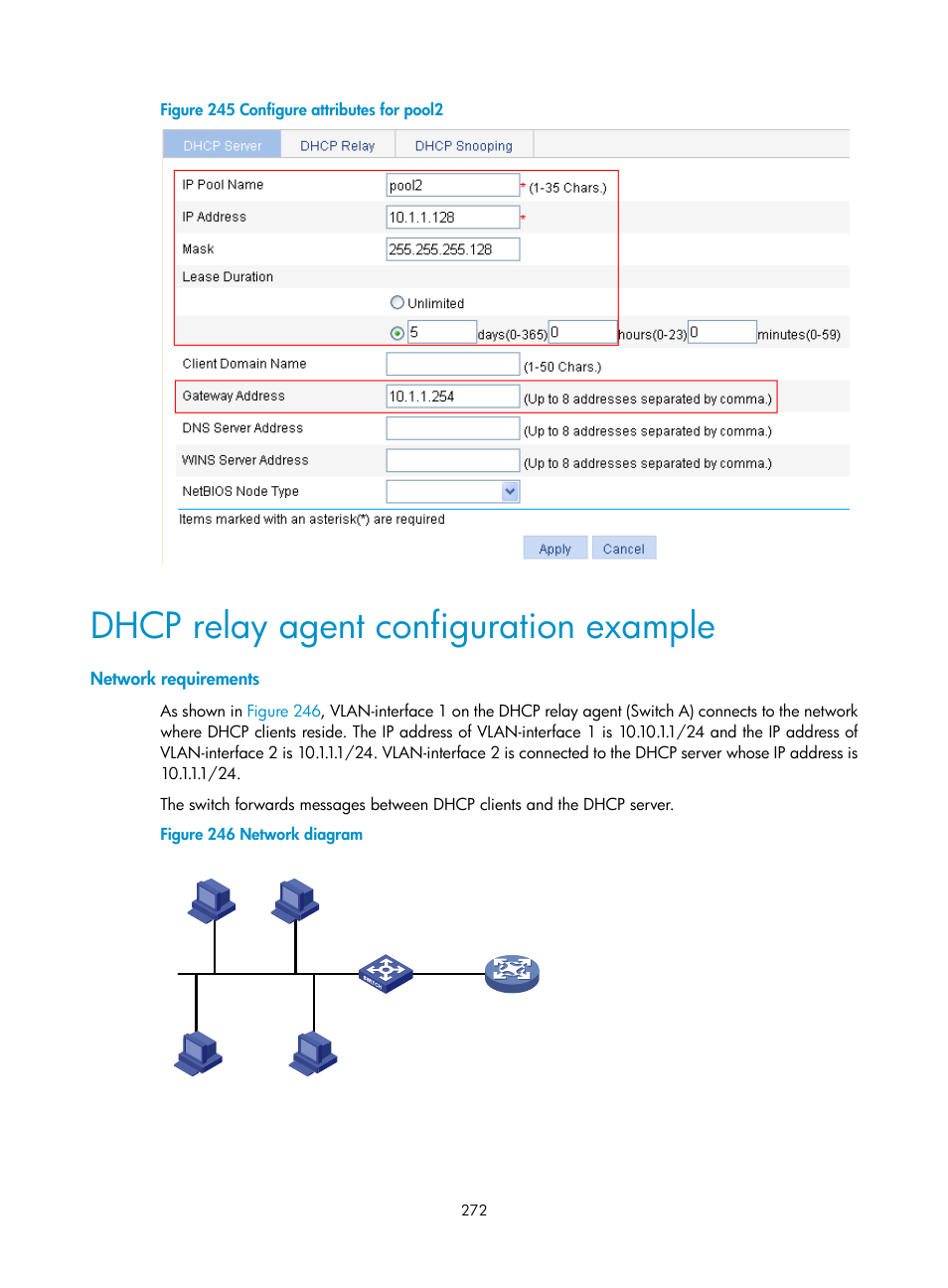 Dhcp relay agent configuration example, Network requirements | H3C Technologies H3C WX3000E Series Wireless Switches User Manual | Page 285 / 459