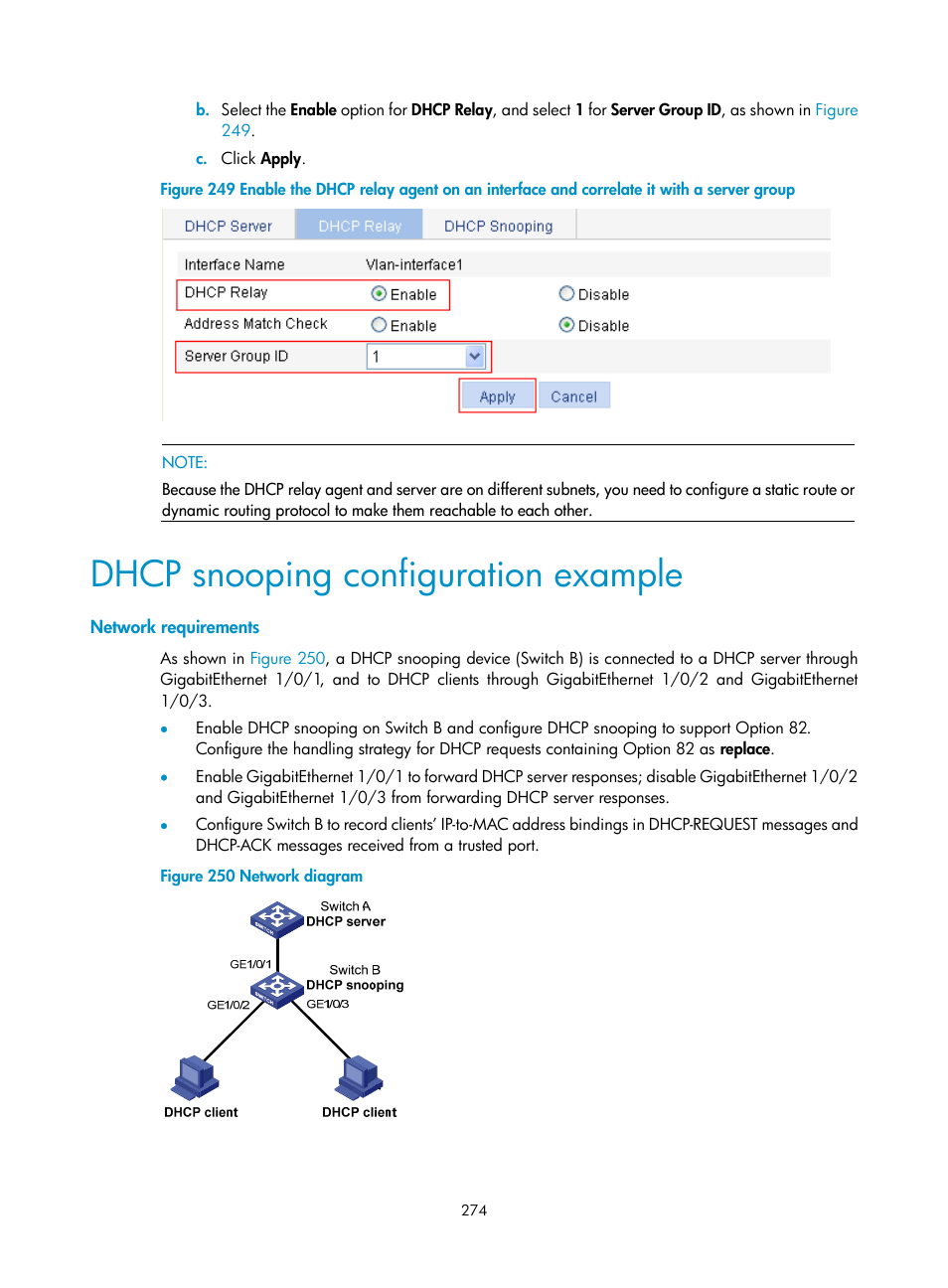 Dhcp snooping configuration example, Network requirements | H3C Technologies H3C WX3000E Series Wireless Switches User Manual | Page 287 / 459