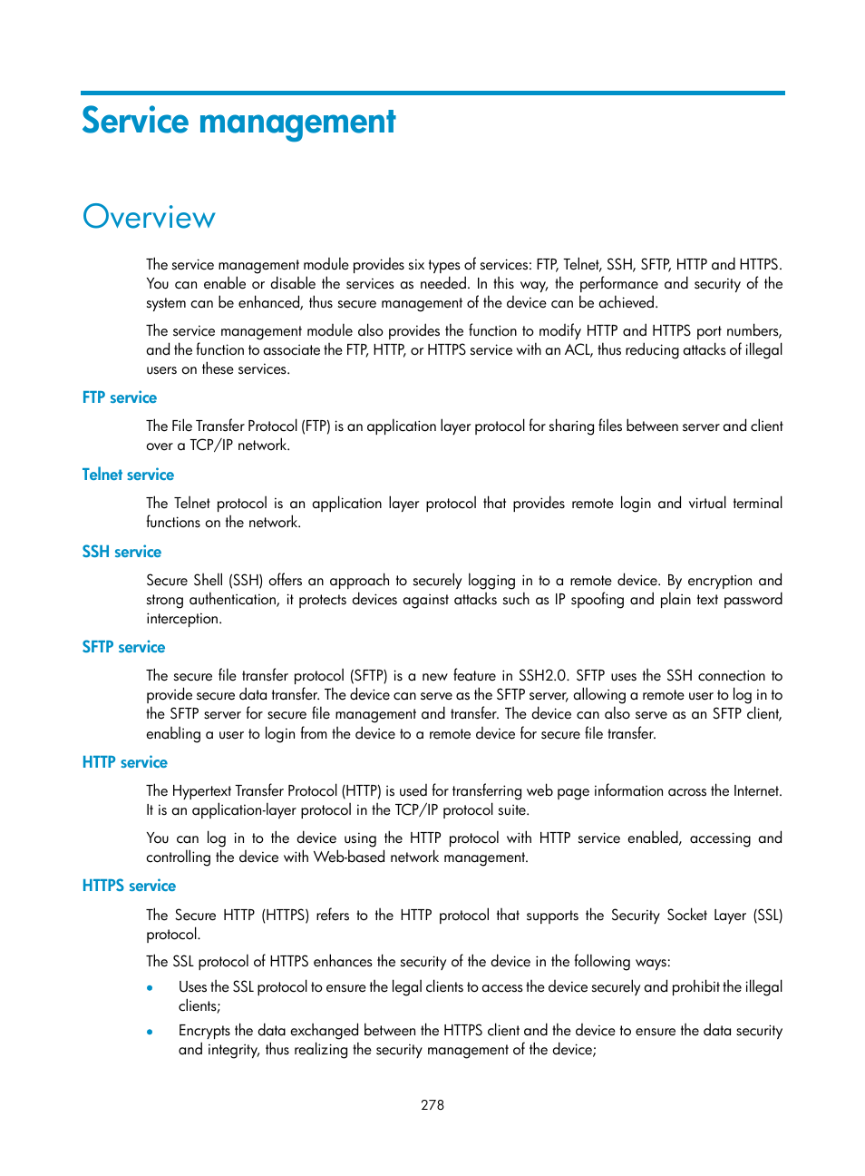 Service management, Overview, Ftp service | Telnet service, Ssh service, Sftp service, Http service, Https service | H3C Technologies H3C WX3000E Series Wireless Switches User Manual | Page 291 / 459