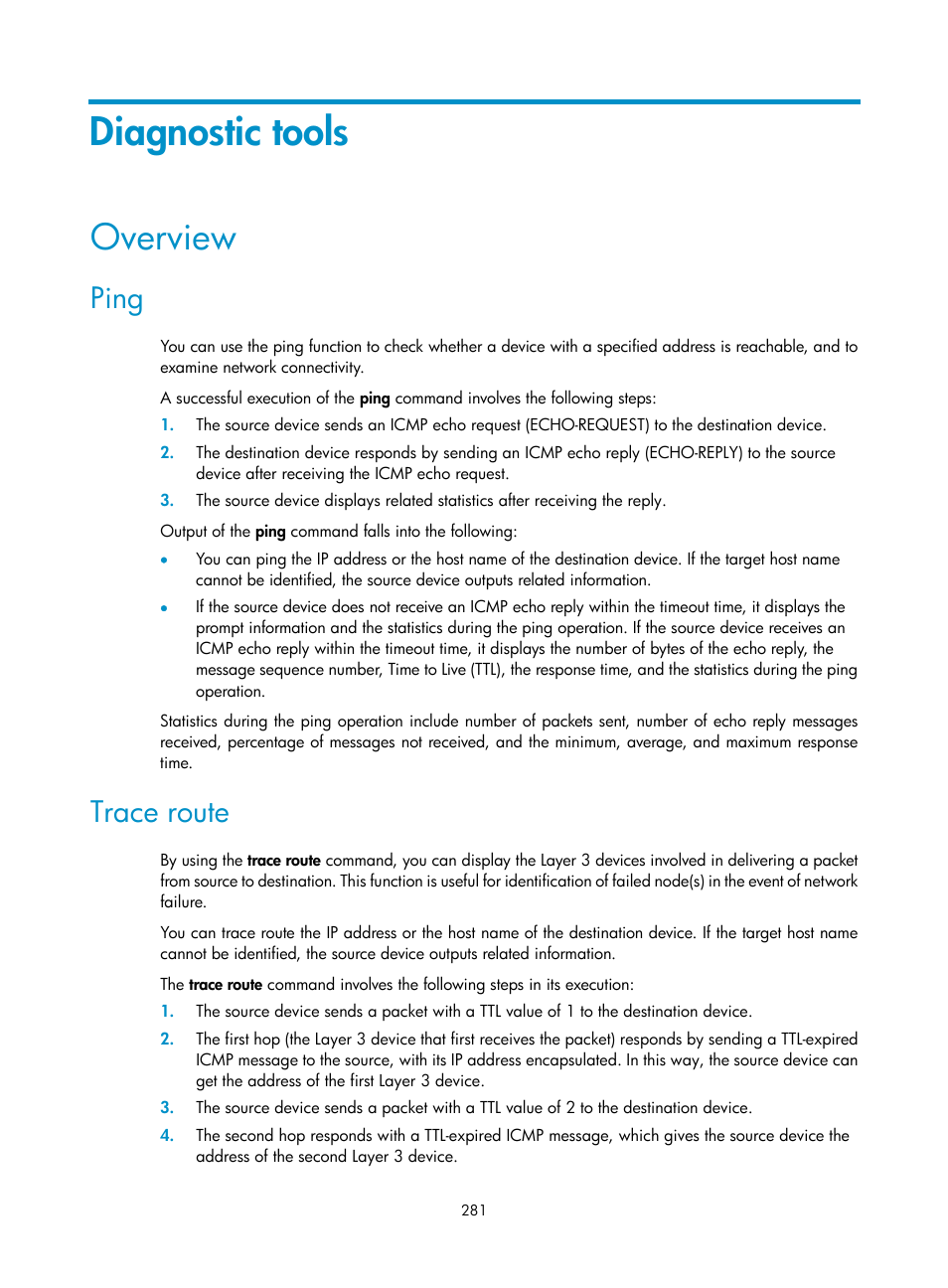 Diagnostic tools, Overview, Ping | Trace route | H3C Technologies H3C WX3000E Series Wireless Switches User Manual | Page 294 / 459