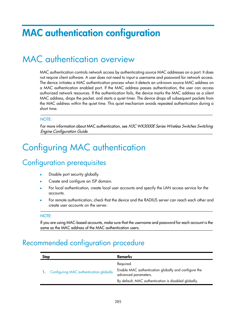 Mac authentication configuration, Mac authentication overview, Configuring mac authentication | Configuration prerequisites, Recommended configuration procedure | H3C Technologies H3C WX3000E Series Wireless Switches User Manual | Page 298 / 459