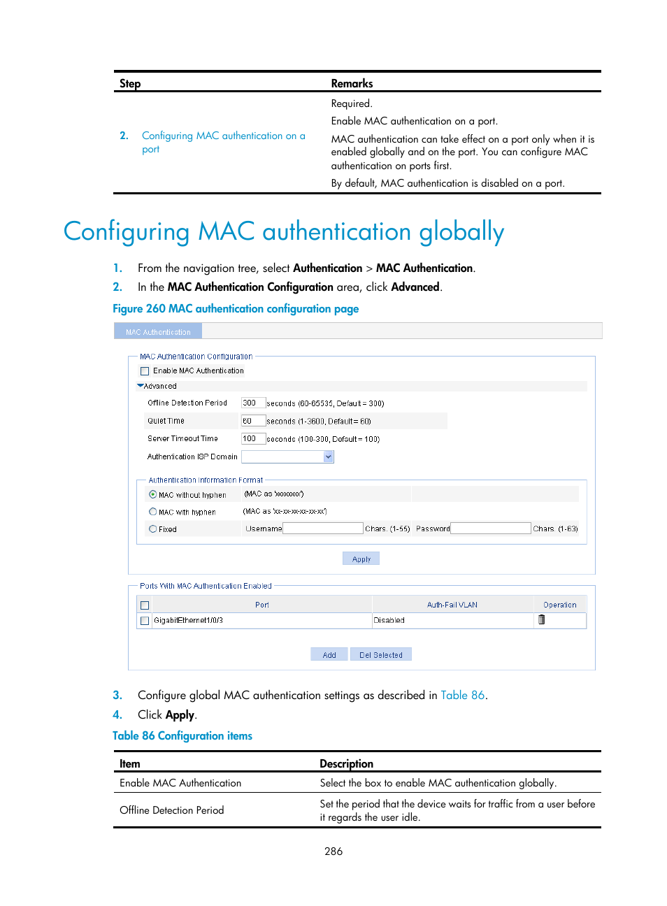 Configuring mac authentication globally | H3C Technologies H3C WX3000E Series Wireless Switches User Manual | Page 299 / 459