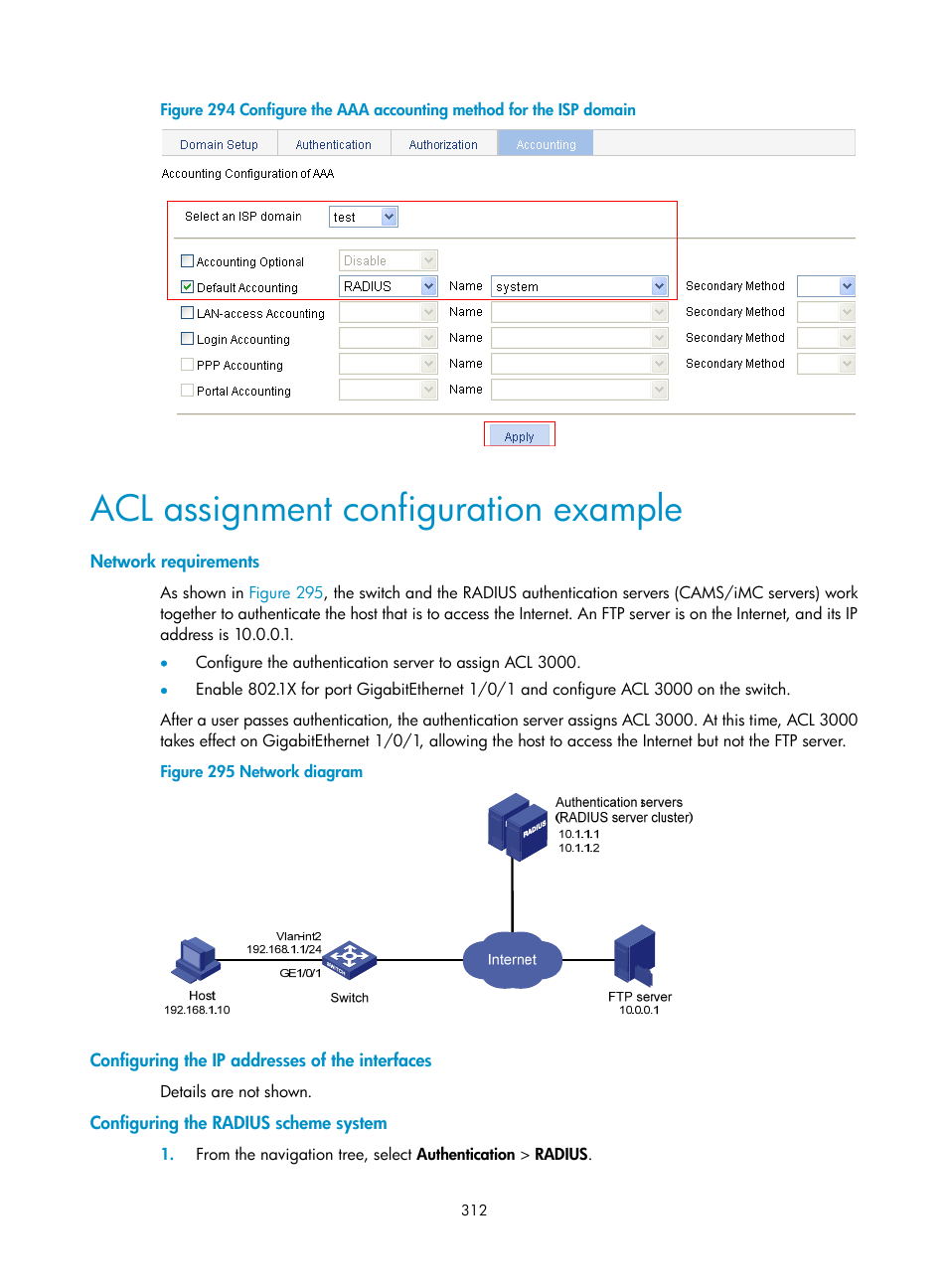 Acl assignment configuration example, Network requirements, Configuring the ip addresses of the interfaces | Configuring the radius scheme system | H3C Technologies H3C WX3000E Series Wireless Switches User Manual | Page 325 / 459