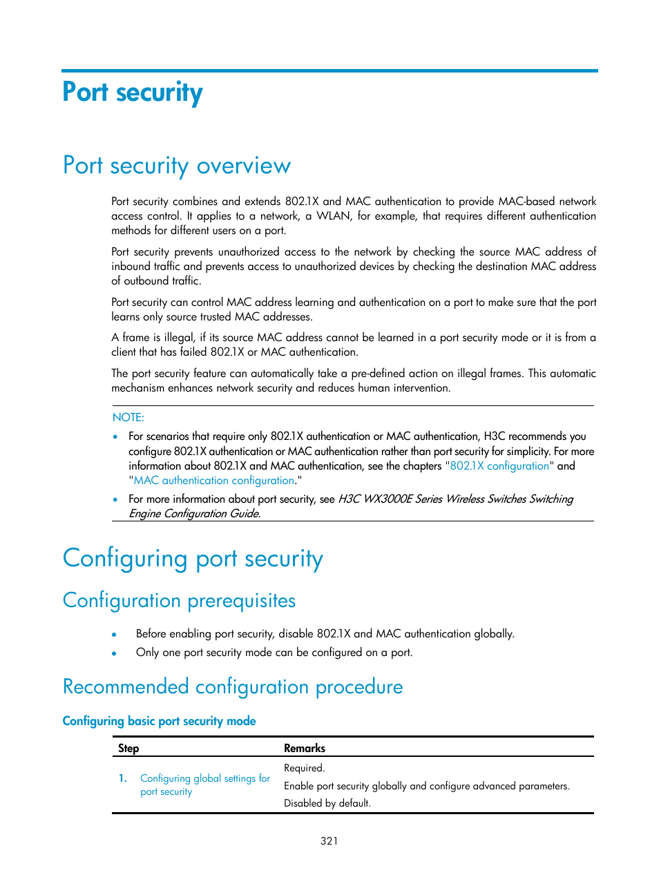 Port security, Port security overview, Configuring port security | Configuration prerequisites, Recommended configuration procedure, Configuring basic port security mode | H3C Technologies H3C WX3000E Series Wireless Switches User Manual | Page 334 / 459