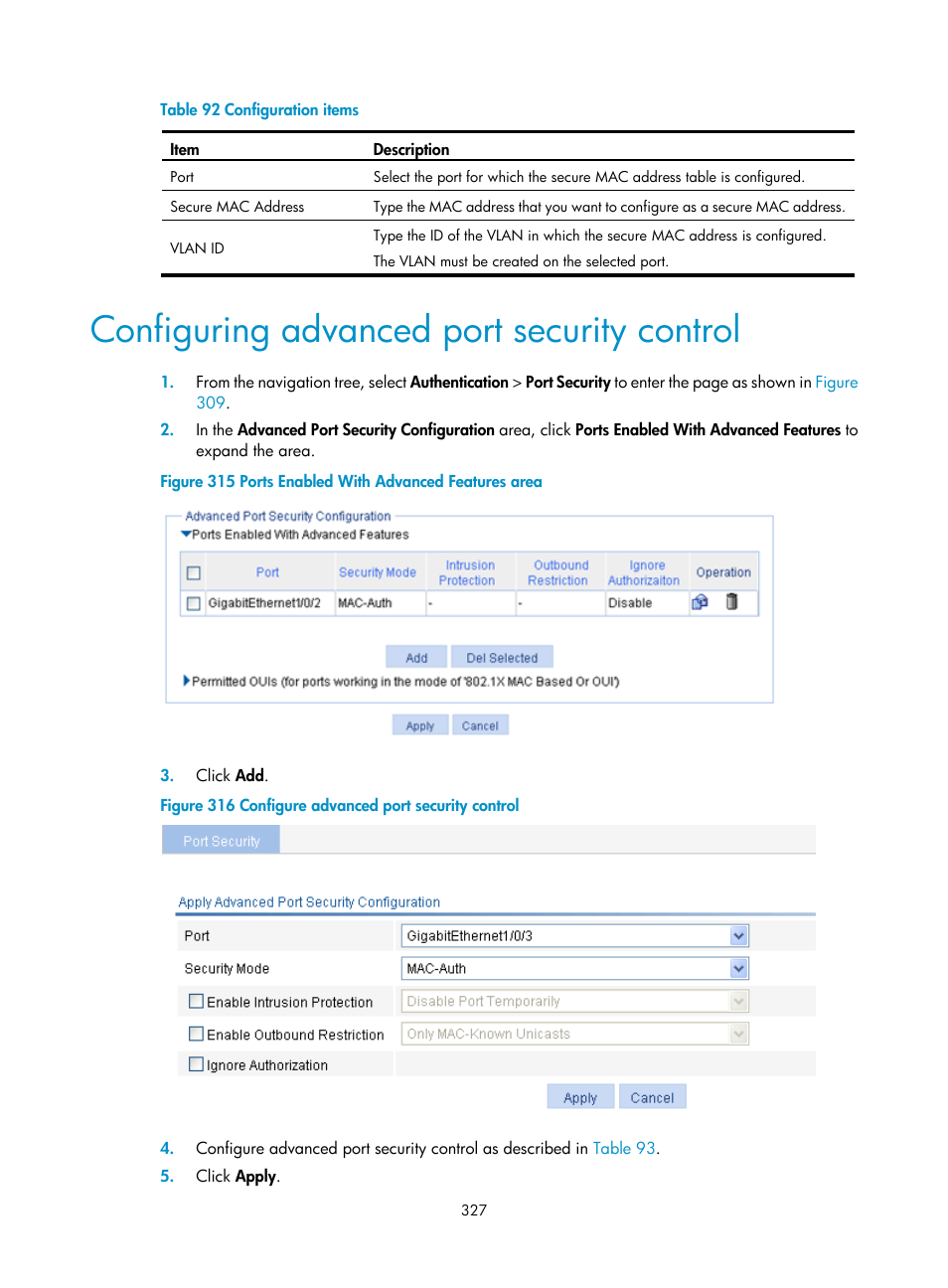 Configuring advanced port security control, Configuring advanced port, Security control | Ribed in, Table 92 | H3C Technologies H3C WX3000E Series Wireless Switches User Manual | Page 340 / 459