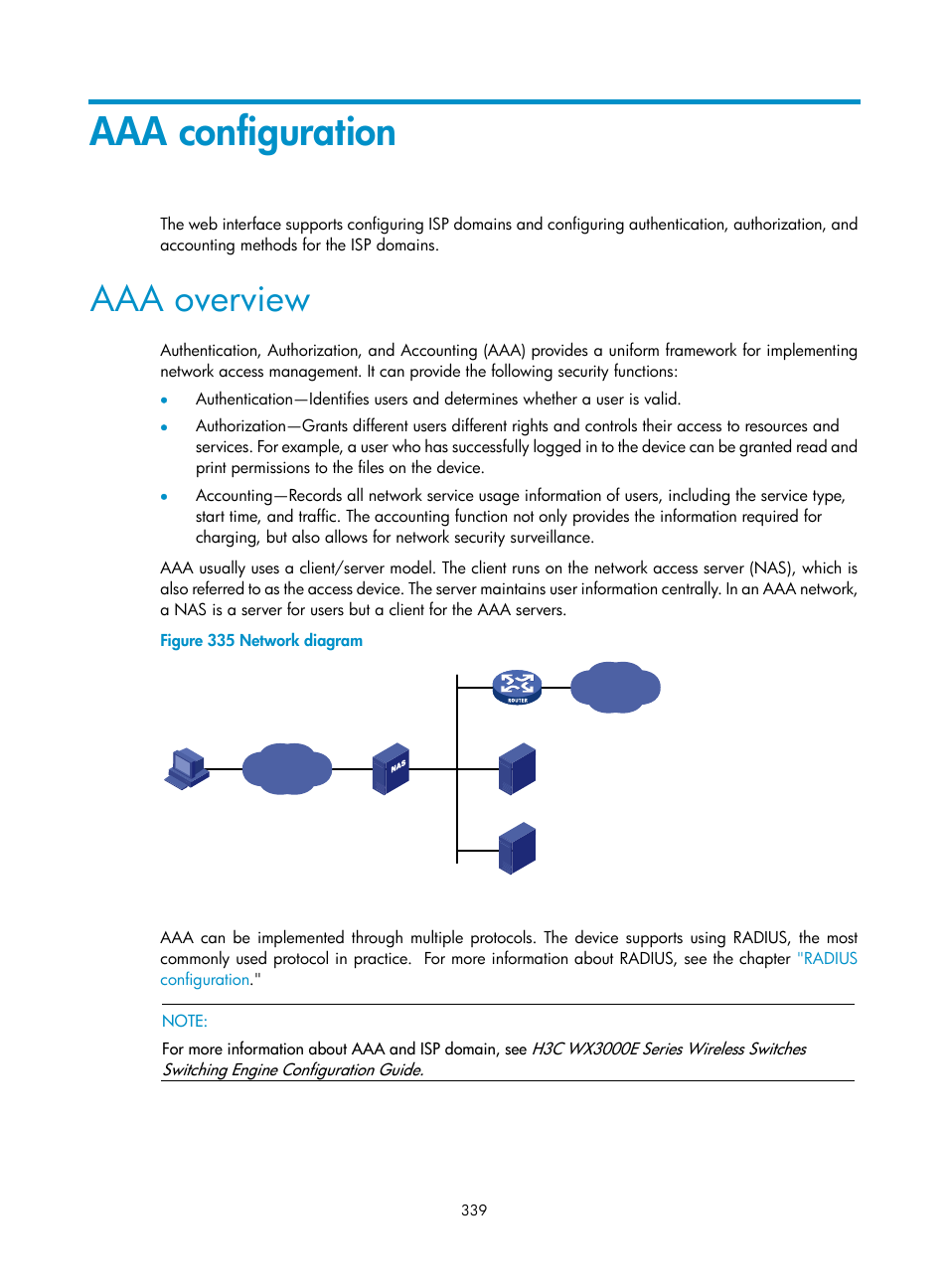 Aaa configuration, Aaa overview | H3C Technologies H3C WX3000E Series Wireless Switches User Manual | Page 352 / 459