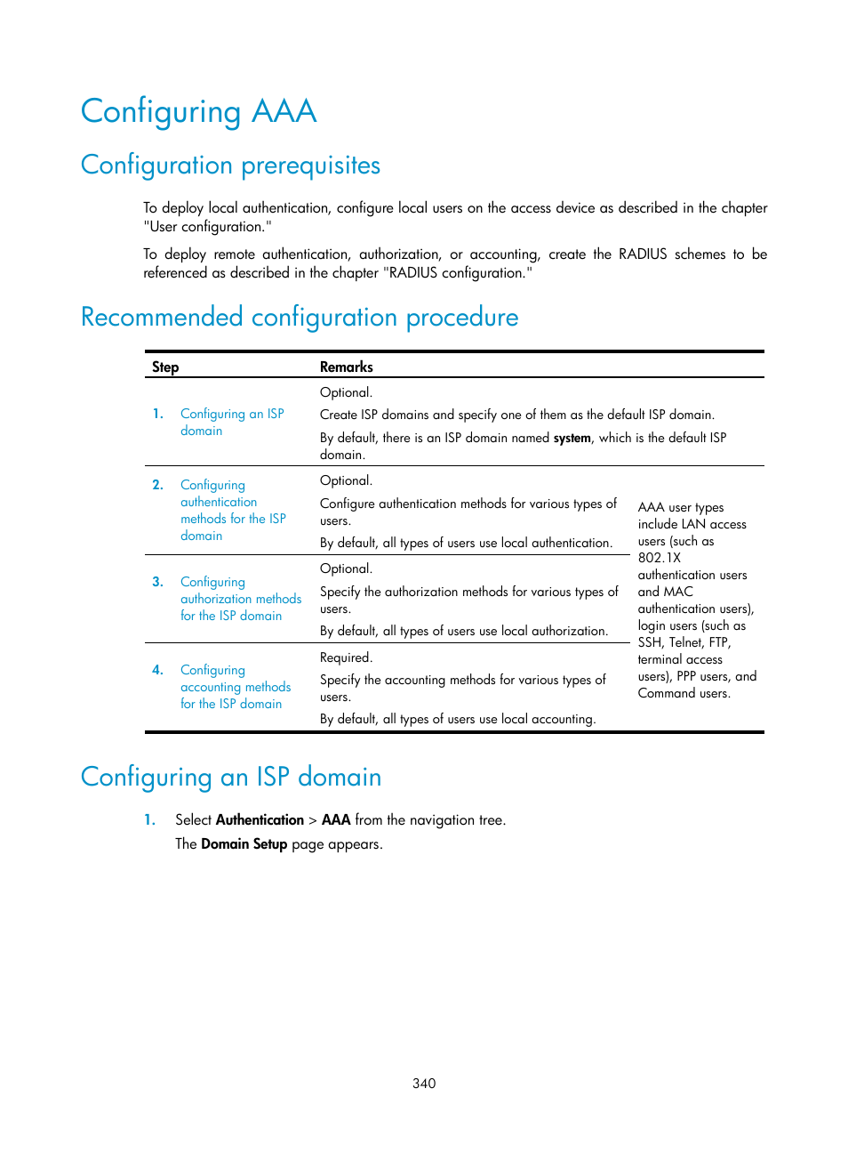 Configuring aaa, Configuration prerequisites, Recommended configuration procedure | Configuring an isp domain | H3C Technologies H3C WX3000E Series Wireless Switches User Manual | Page 353 / 459