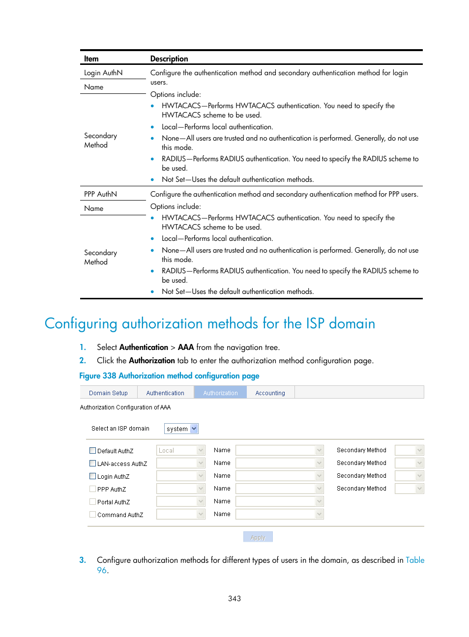 Configuring, Authorization methods for the isp domain | H3C Technologies H3C WX3000E Series Wireless Switches User Manual | Page 356 / 459