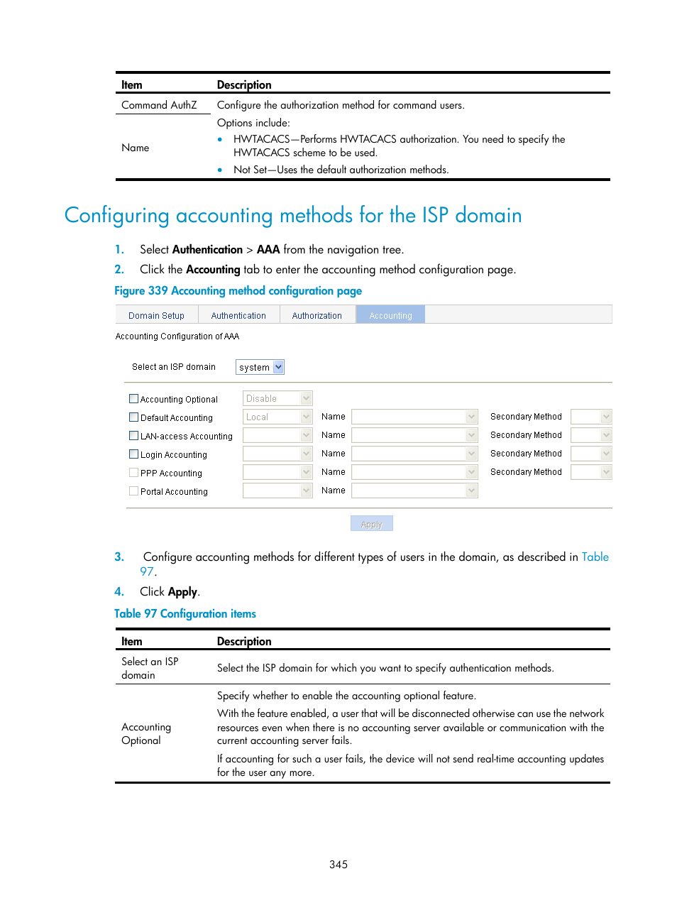 Configuring accounting methods for the isp domain, Configuring, Accounting methods for the isp domain | H3C Technologies H3C WX3000E Series Wireless Switches User Manual | Page 358 / 459