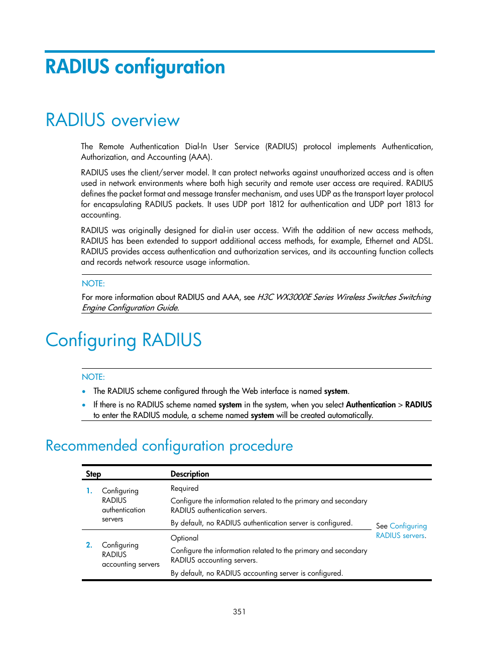 Radius configuration, Radius overview, Configuring radius | Recommended configuration procedure, Radius, Configuration | H3C Technologies H3C WX3000E Series Wireless Switches User Manual | Page 364 / 459