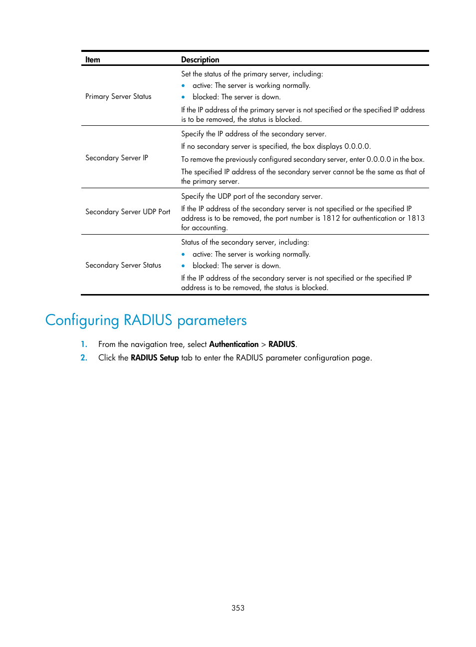 Configuring radius parameters, Configuring, Radius | Parameters | H3C Technologies H3C WX3000E Series Wireless Switches User Manual | Page 366 / 459