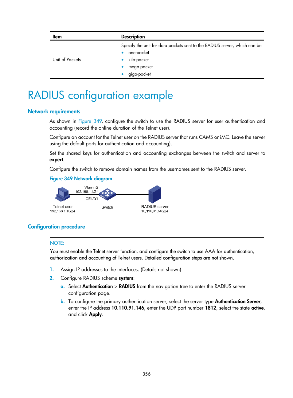 Radius configuration example, Network requirements, Configuration procedure | H3C Technologies H3C WX3000E Series Wireless Switches User Manual | Page 369 / 459