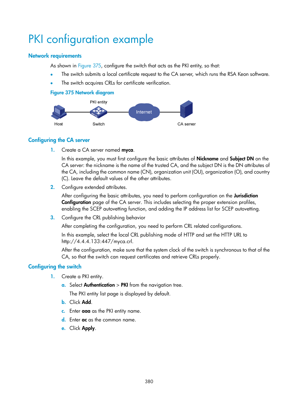 Pki configuration example, Network requirements, Configuring the ca server | Configuring the switch | H3C Technologies H3C WX3000E Series Wireless Switches User Manual | Page 393 / 459