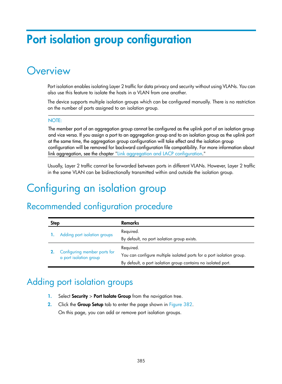 Port isolation group configuration, Overview, Configuring an isolation group | Recommended configuration procedure, Adding port isolation groups | H3C Technologies H3C WX3000E Series Wireless Switches User Manual | Page 398 / 459