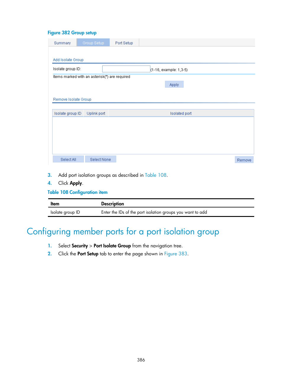 Configuring member ports for, A port isolation group, Figure 382 | H3C Technologies H3C WX3000E Series Wireless Switches User Manual | Page 399 / 459