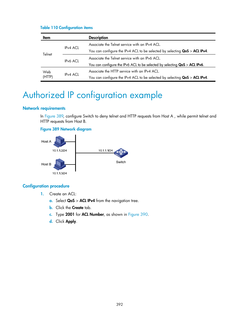 Authorized ip configuration example, Network requirements, Configuration procedure | Thorized ip as described in, Table 110 | H3C Technologies H3C WX3000E Series Wireless Switches User Manual | Page 405 / 459