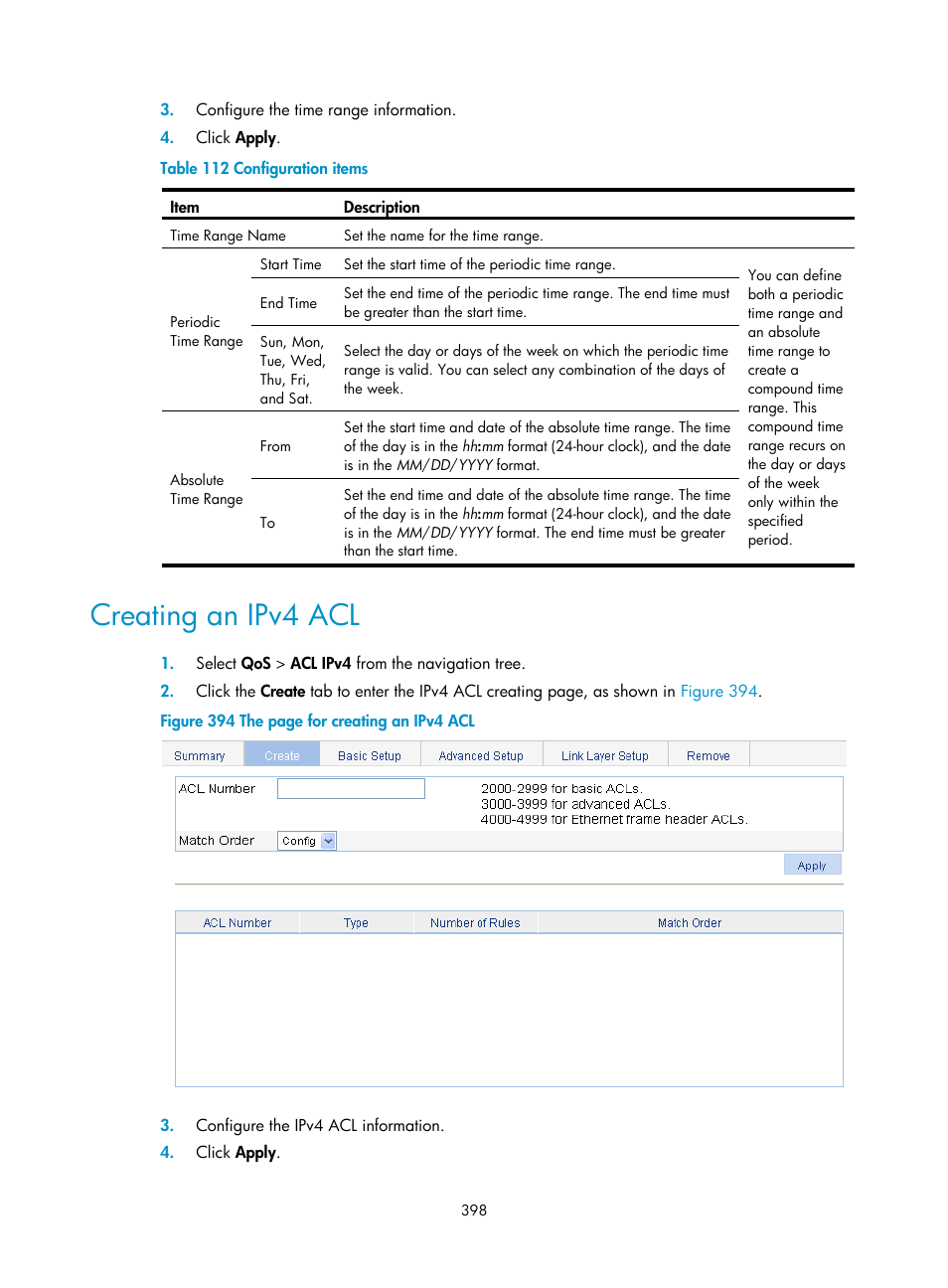 Creating an ipv4 acl | H3C Technologies H3C WX3000E Series Wireless Switches User Manual | Page 411 / 459