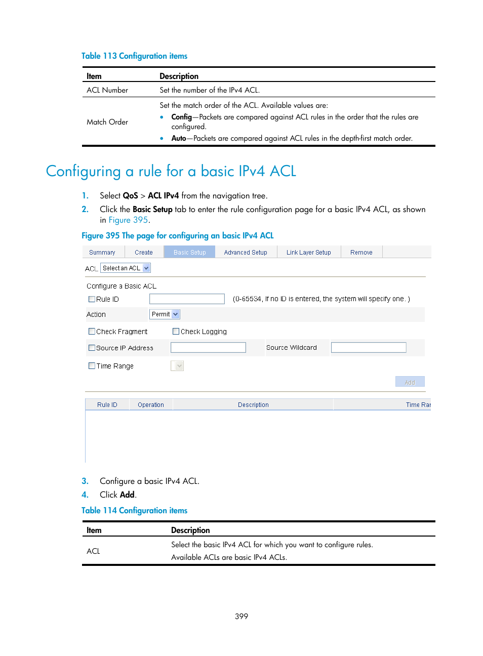 Configuring a rule for a basic ipv4 acl | H3C Technologies H3C WX3000E Series Wireless Switches User Manual | Page 412 / 459