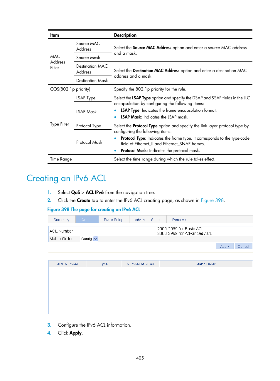 Creating an ipv6 acl | H3C Technologies H3C WX3000E Series Wireless Switches User Manual | Page 418 / 459
