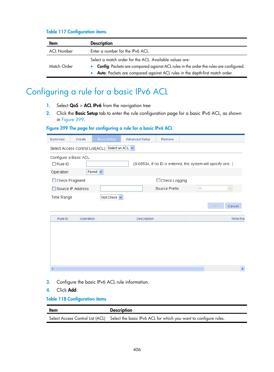 Configuring a rule for a basic ipv6 acl | H3C Technologies H3C WX3000E Series Wireless Switches User Manual | Page 419 / 459