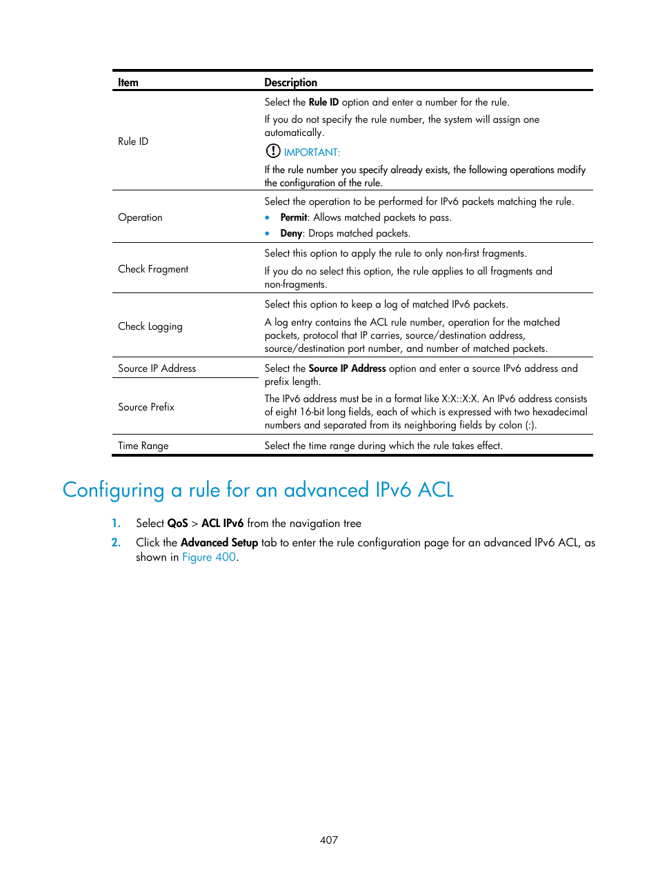 Configuring a rule for an advanced ipv6 acl | H3C Technologies H3C WX3000E Series Wireless Switches User Manual | Page 420 / 459