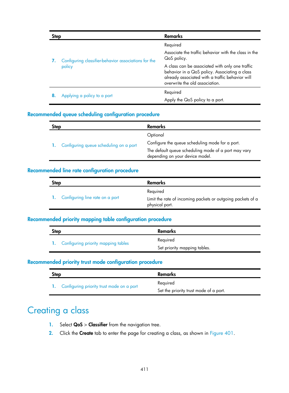 Recommended line rate configuration procedure, Creating a class | H3C Technologies H3C WX3000E Series Wireless Switches User Manual | Page 424 / 459