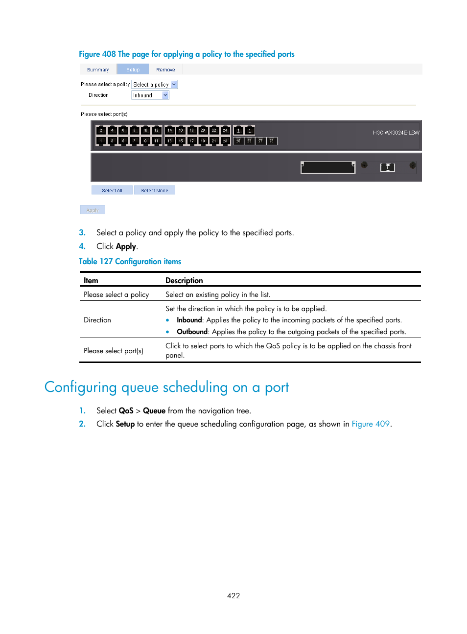 Configuring queue scheduling on a port | H3C Technologies H3C WX3000E Series Wireless Switches User Manual | Page 435 / 459