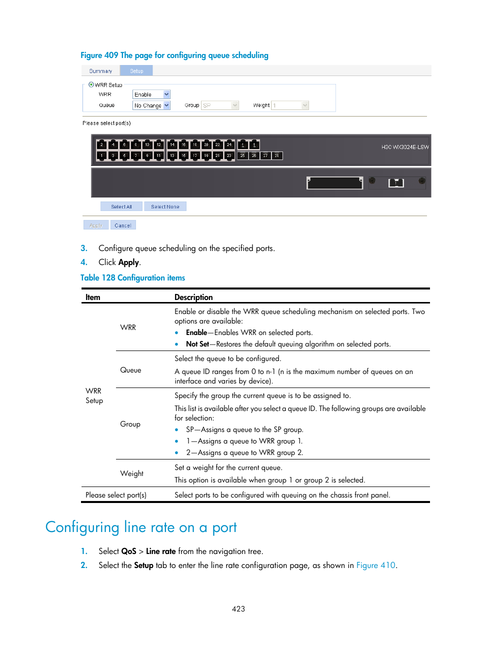 Configuring line rate on a port | H3C Technologies H3C WX3000E Series Wireless Switches User Manual | Page 436 / 459