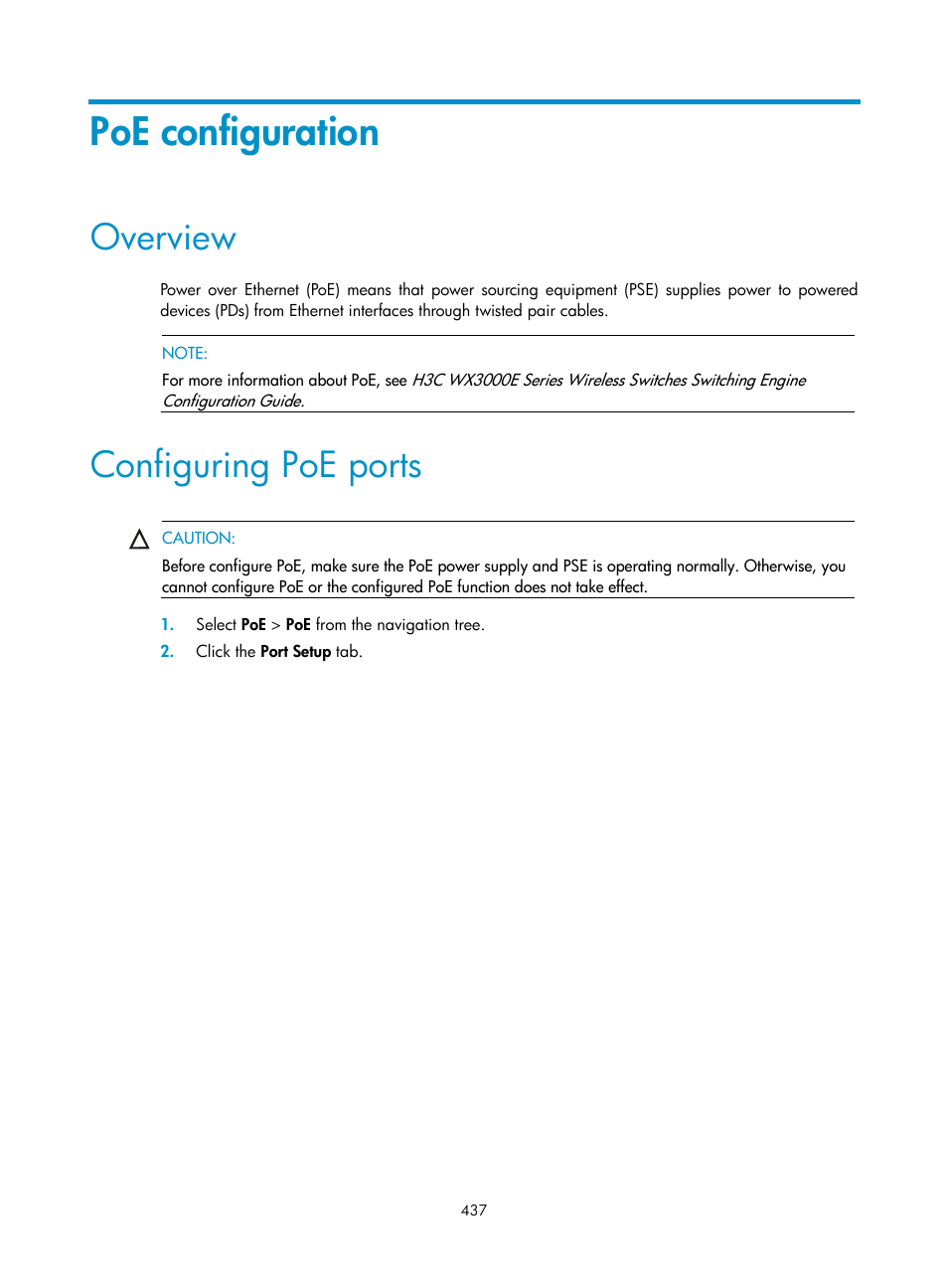 Poe configuration, Overview, Configuring poe ports | H3C Technologies H3C WX3000E Series Wireless Switches User Manual | Page 450 / 459