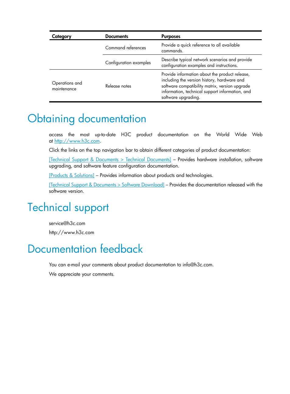 Obtaining documentation, Technical support, Documentation feedback | H3C Technologies H3C WX3000E Series Wireless Switches User Manual | Page 5 / 459