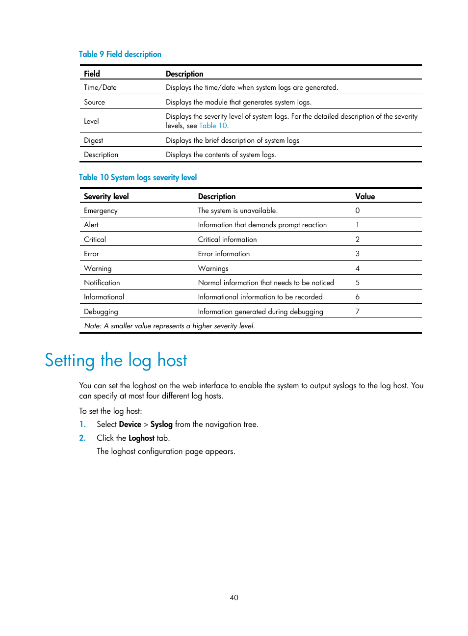 Setting the log host | H3C Technologies H3C WX3000E Series Wireless Switches User Manual | Page 53 / 459