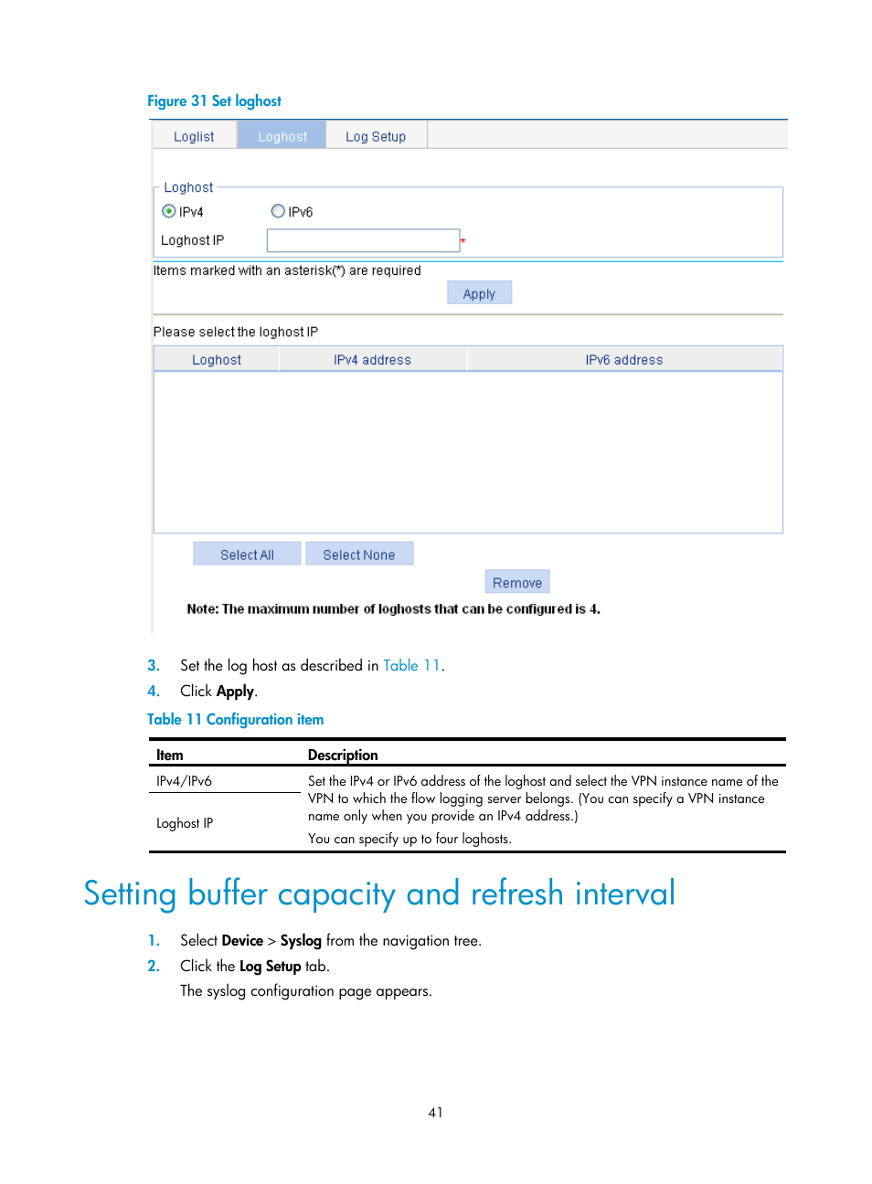 Setting buffer capacity and refresh interval | H3C Technologies H3C WX3000E Series Wireless Switches User Manual | Page 54 / 459