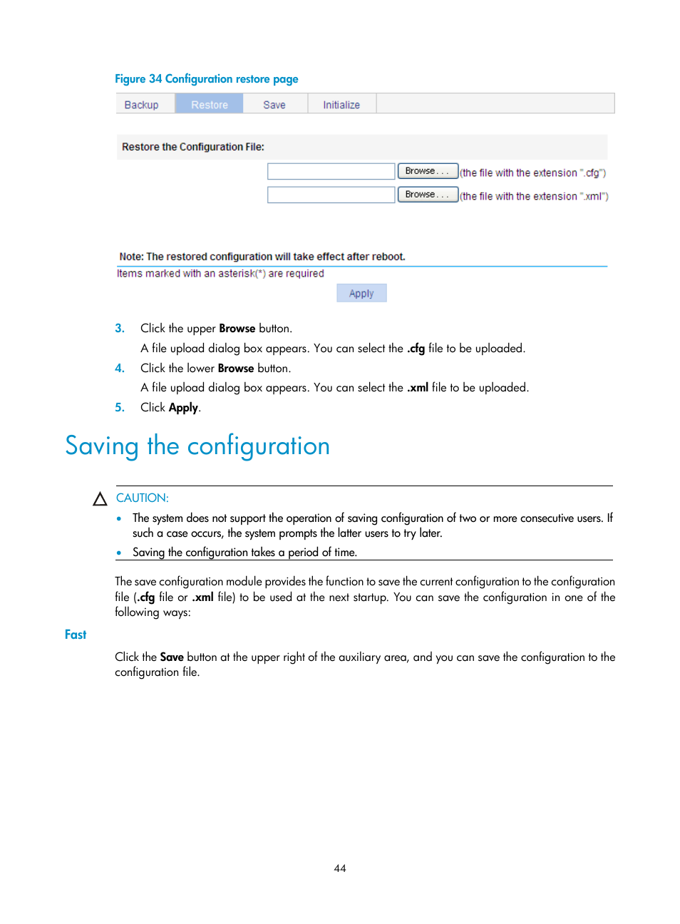 Saving the configuration, Fast | H3C Technologies H3C WX3000E Series Wireless Switches User Manual | Page 57 / 459
