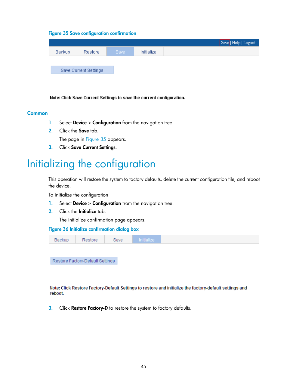 Common, Initializing the configuration | H3C Technologies H3C WX3000E Series Wireless Switches User Manual | Page 58 / 459